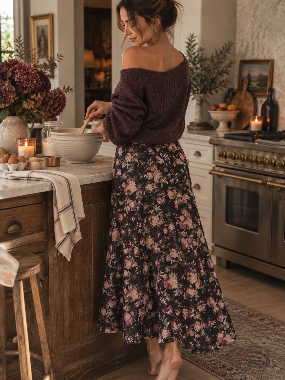 Floral Maxi Skirt 100% silk Dark Brown Plum Maroon Vintage